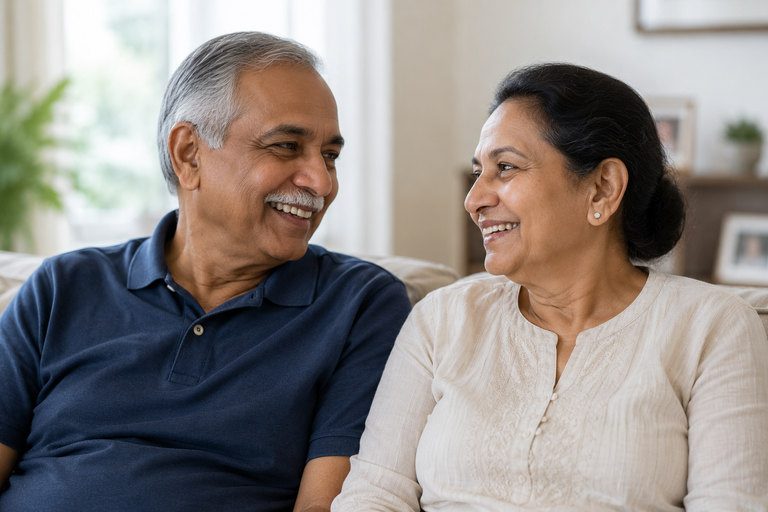 An older couple smiling together at home