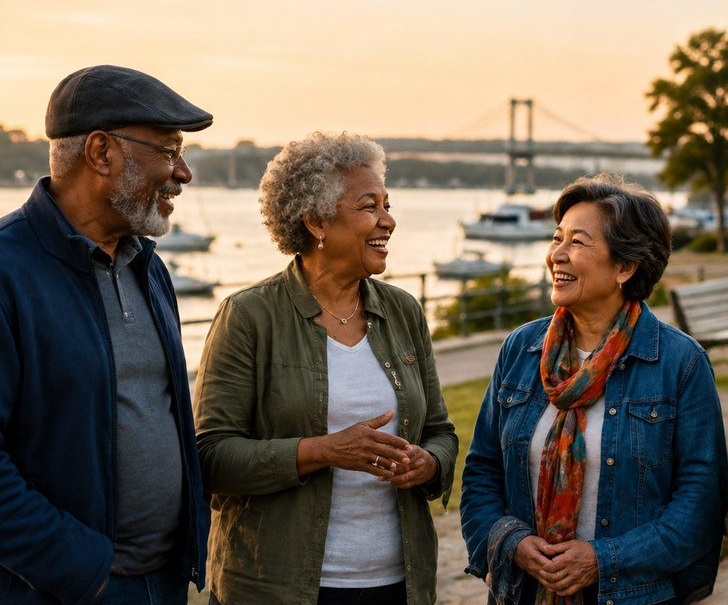 Four older adults talking together beside the water at sunset